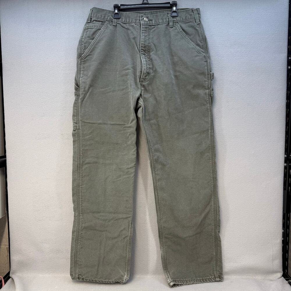 Carhartt Work Dungaree Pants Men's 36x32 Moss Green Washed-Duck Flannel-Lined